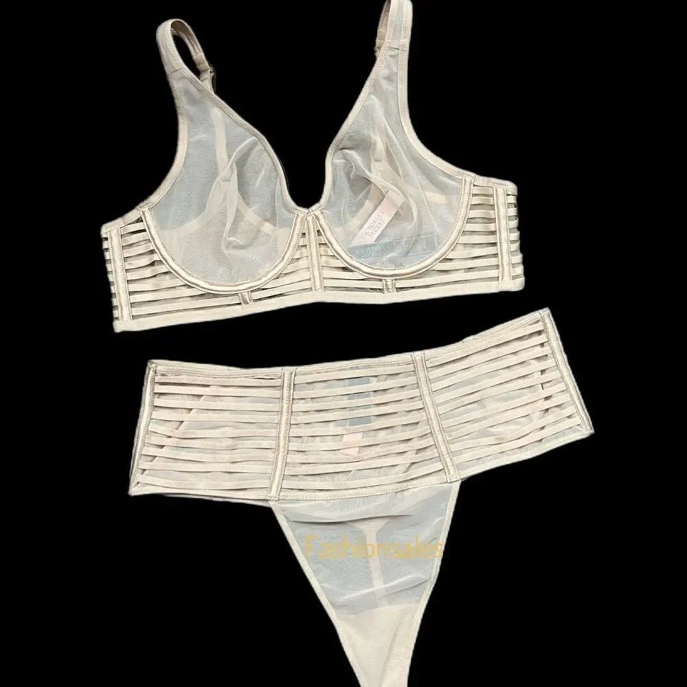 Victorias Secret Set Sexy Sheer Mesh Unlined Plunge bra & High Waist Thong panty
